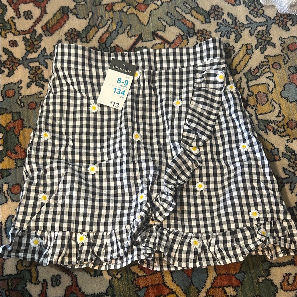 Primark Black and White Checkered Mini Skirt with Floral Design